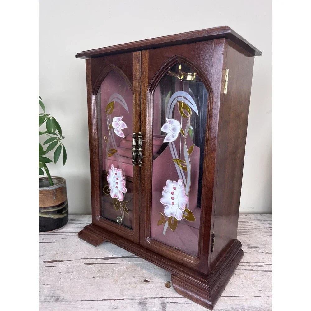 Vintage Wooden Jewelry Armoire Box Cabinet w/ Glass Floral Doors & Drawers
